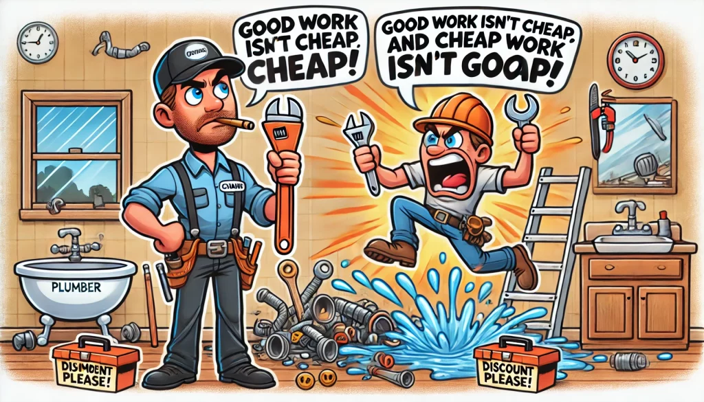 funny take on a plumber shutting down a discount request while a DIY disaster unfolds in the background