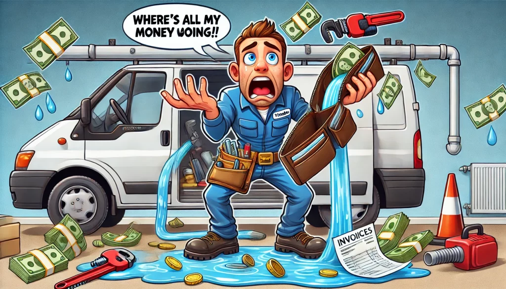 Cartoon of a shocked plumber holding an empty wallet as money leaks from a broken pipe like water. A messy work van with scattered invoices and tools in the background symbolizes financial leaks in a plumbing business.