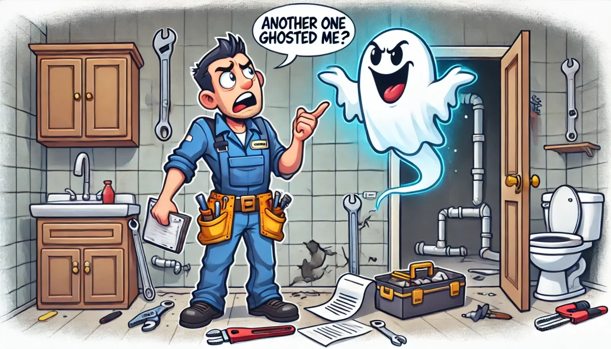 Cartoon of a confused plumber holding a clipboard while a mischievous ghost floats away with a wrench and plumbing invoice, symbolizing "ghosting" on job quotes. Tools are scattered around a half-finished plumbing job, with the plumber looking frustrated.