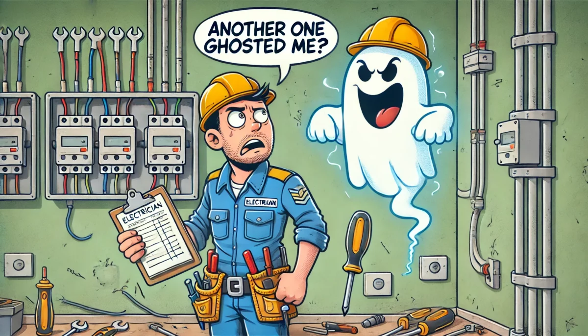 funny image of a frustrated electrician getting "ghosted" by a sneaky ghost with a screwdriver and unpaid invoice.
