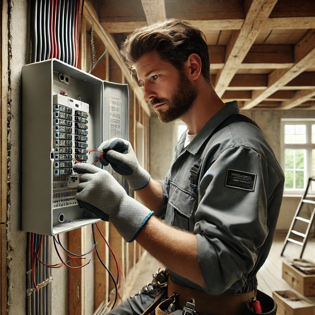 A male electrician installing or repairing electrical wiring, appearing confident and well-groomed.