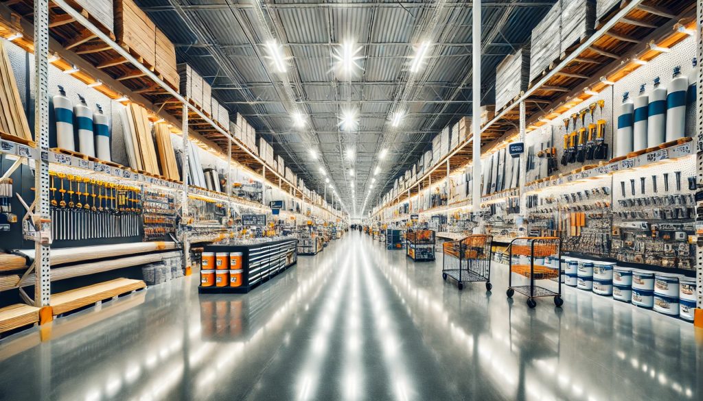 High-resolution photograph of a brightly lit home improvement store with wide aisles, neatly organized tools, lumber, paint cans, and hardware, creating a sharp and clean shopping environment.