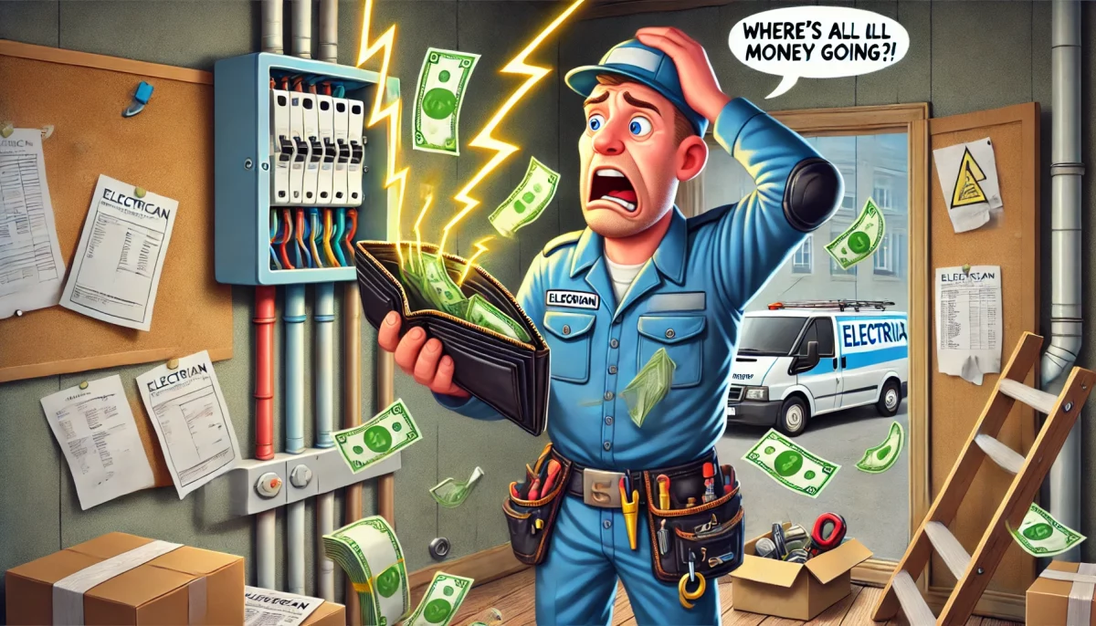 Cartoon of a frustrated electrician holding an empty wallet as money sparks out of a faulty electrical panel. A messy work van with scattered invoices and tools in the background symbolizes financial leaks in an electrical business.