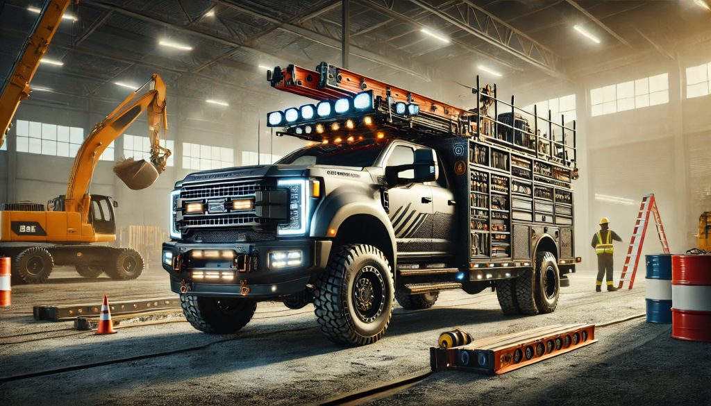 High-resolution photograph of a construction work truck parked at a job site, equipped with tools, ladders, and materials in its bed, with bright lighting highlighting its rugged details against a dynamic construction site background.