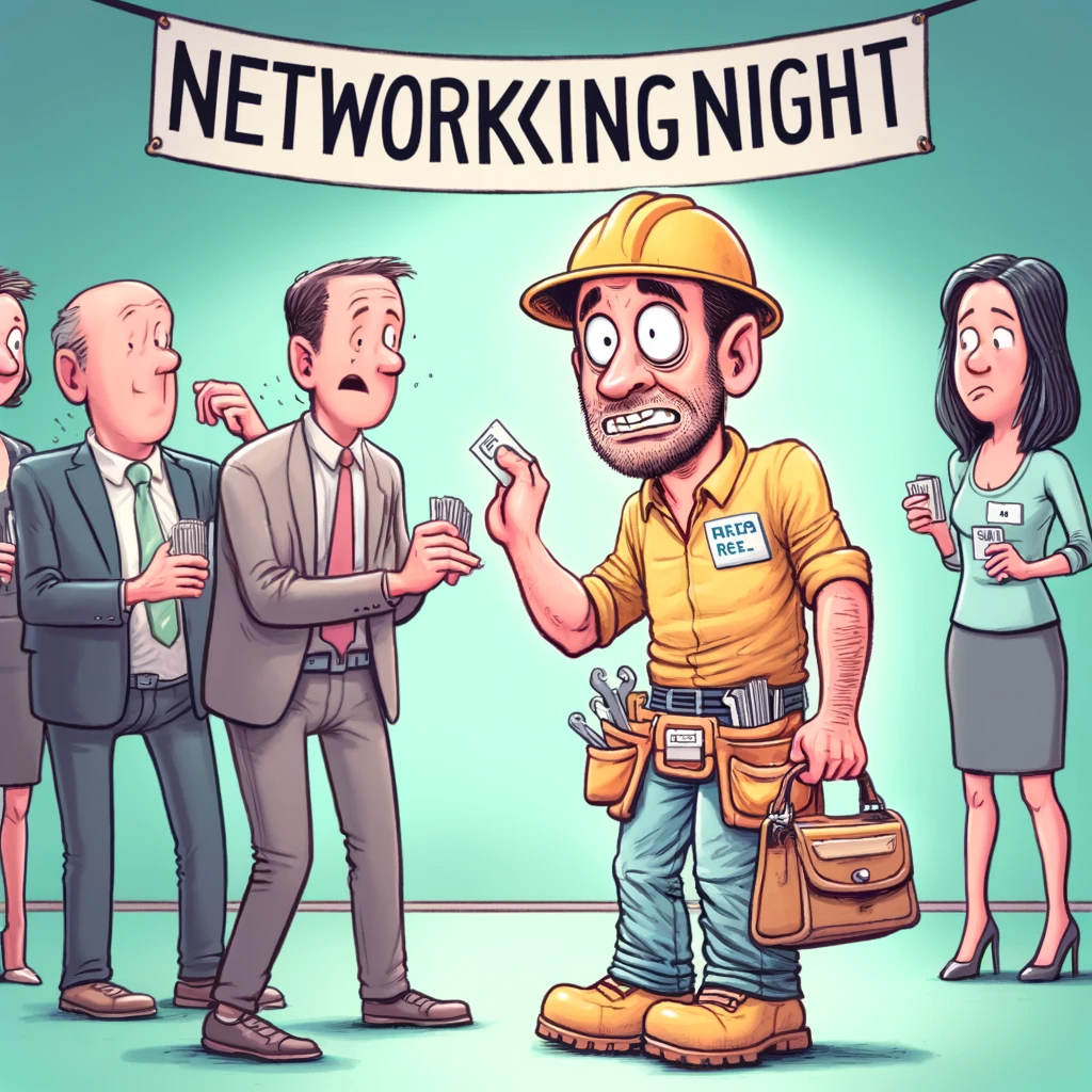 A contractor at a networking mixer, enthusiastically introducing himself to other professionals, trying to build his network and gain new business connections.