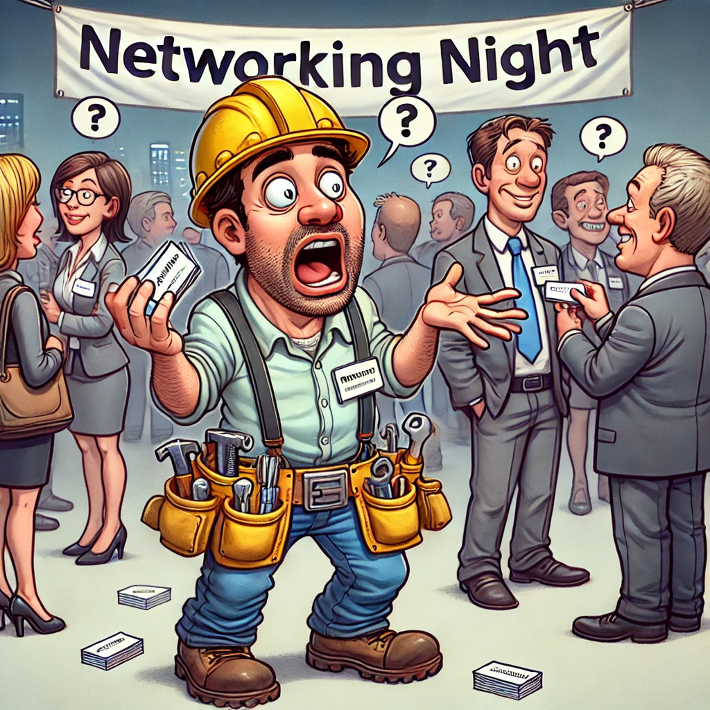 A humorous cartoon of a contractor at a networking event, nervously handing out business cards to uninterested professionals, struggling to get new leads and referrals.