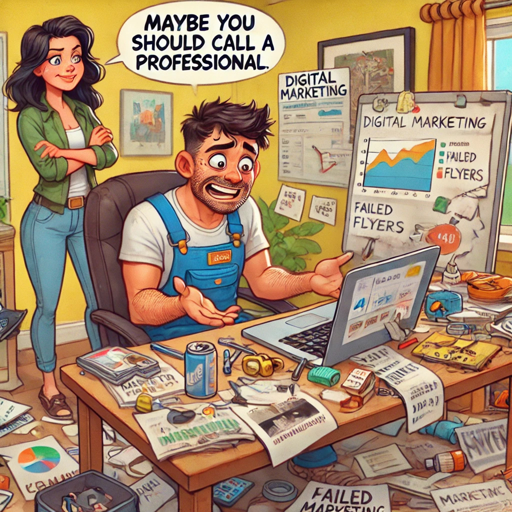 A cartoon of a frustrated contractor sitting at his desk, struggling with marketing. His wife stands behind him, arms crossed, saying 'Maybe you should call a professional' as he looks overwhelmed by digital ads and business cards.