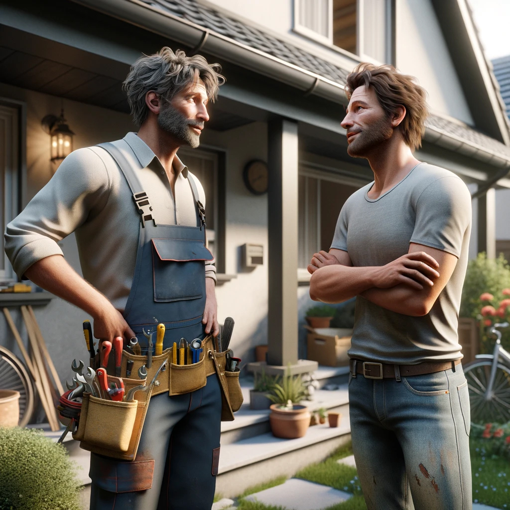 A contractor discussing project details with a homeowner, who is holding a notepad and asking questions.