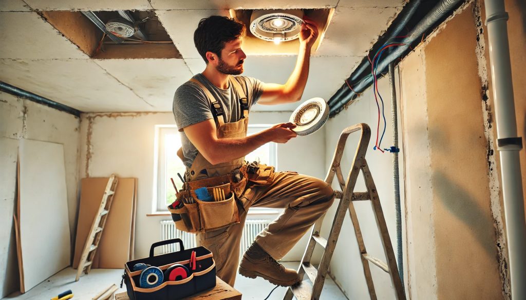 A skilled electrician installing recessed lighting in a residential home, standing on a ladder with tools and exposed wiring, demonstrating precision and expertise in electrical installations.