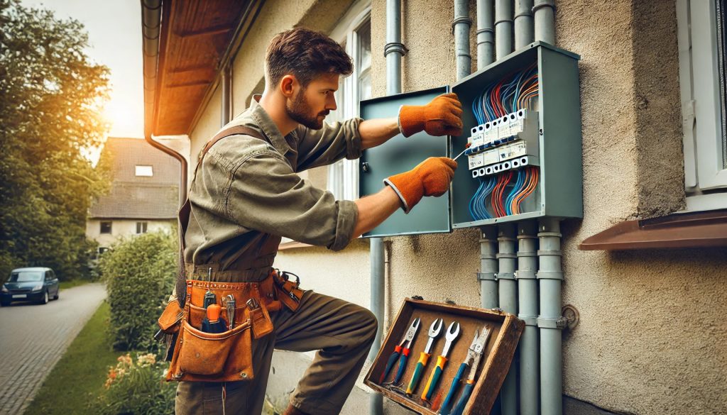 A professional electrician repairing an outdoor electrical panel on the side of a residential house, using a screwdriver to secure wiring connections in a realistic job site setting.