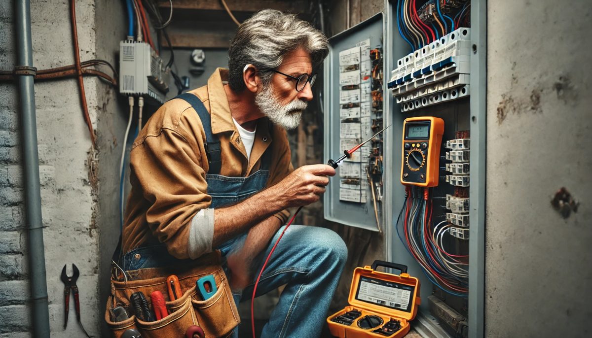 A hardworking electrician in a worn uniform installing an electrical panel in a residential home, surrounded by tools and wiring, capturing the real-world grit of a tradesman at work.