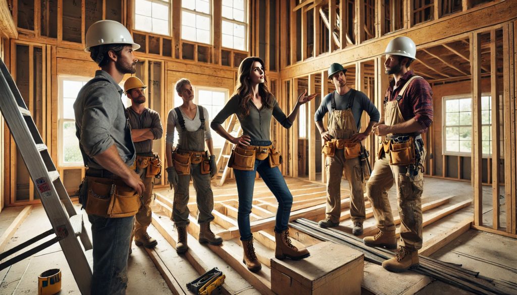 High-resolution photograph of a female contractor wearing a hard hat and work boots, giving instructions to a crew of construction workers at an unfinished home with exposed wooden framing and drywall installation in progress.