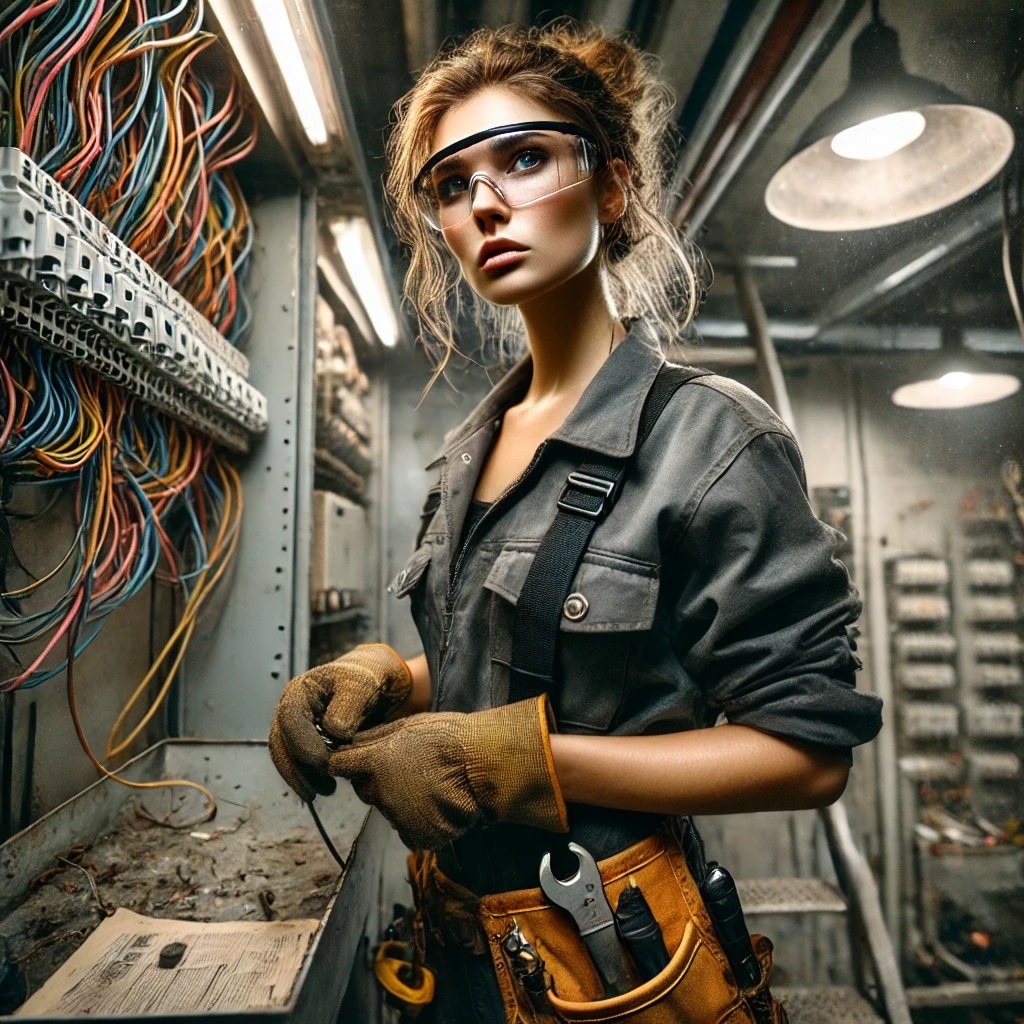 A skilled female electrician in a work uniform, carefully fixing an open electrical panel with complex wiring, showcasing technical expertise and focus.