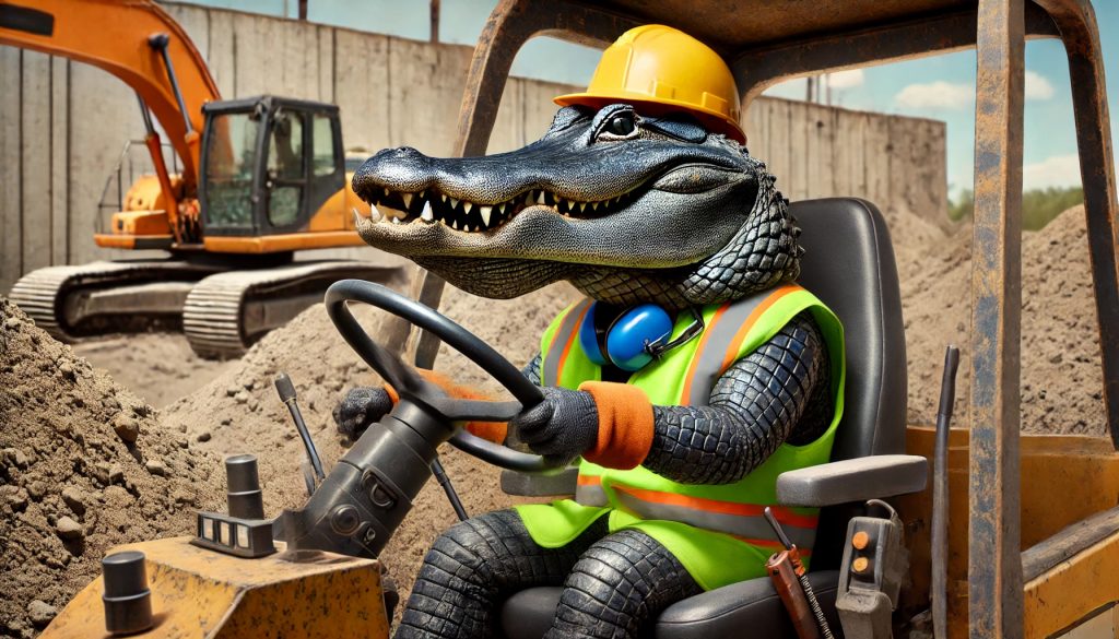 A confident alligator dressed as a heavy equipment operator, wearing a hard hat and safety vest, sitting inside an excavator while maneuvering controls at a humorous construction site.