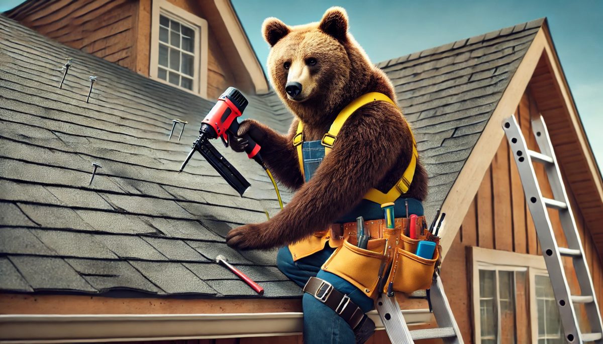 A determined bear dressed as a roofer, wearing a hard hat, tool belt, and safety harness while securing shingles on a house roof with a nail gun in a humorous construction setting.
