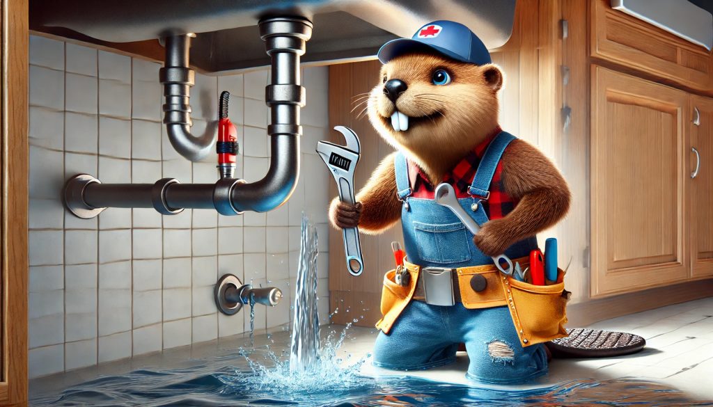 A determined beaver dressed as a plumber, wearing overalls and a tool belt, using a wrench to fix a dramatically leaking pipe under a kitchen sink for a humorous effect.