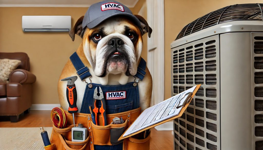 A serious yet puzzled bulldog dressed as an HVAC technician, wearing a tool belt and baseball cap, inspecting an air conditioning unit with a clipboard in a humorous residential repair scene.