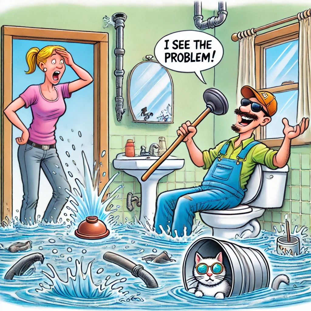 A funny cartoon of an office worker standing in a flooded bathroom, holding a 'Plumbing for Dummies' manual while water sprays from broken pipes. A relaxed plumber, sipping coffee, casually says, 'Have you tried turning it off and on again?' A humorous illustration of a plumbing problem with exaggerated water splashes and a comical expression of frustration.