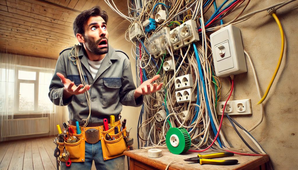 A confused electrician looking at a dangerously bad DIY wiring setup, featuring tangled wires, duct tape fixes, and an excessive number of extension cords plugged into one outlet.