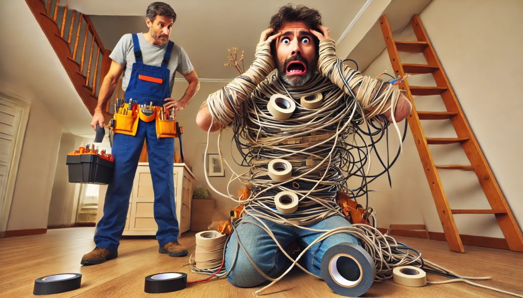 A baffled electrician holding a bundle of wires wrapped in an absurd amount of electrical tape, reacting to an over-the-top DIY repair in a residential home.