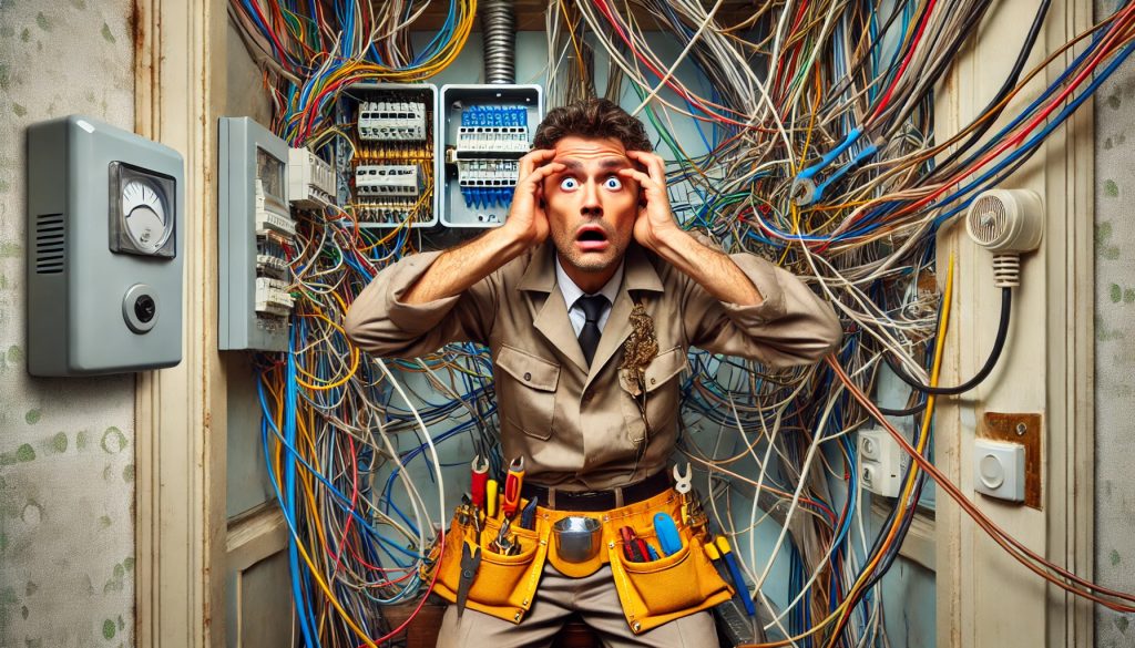 A surprised electrician dealing with a hilariously tangled mess of wires in a residential electrical panel, capturing the chaotic reality of unexpected wiring disasters.