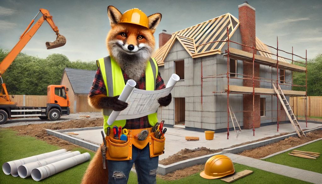 A confident yet mischievous fox dressed as a general contractor, wearing a high-visibility vest, hard hat, and tool belt, inspecting a half-built house with blueprints in hand at a humorous construction site.