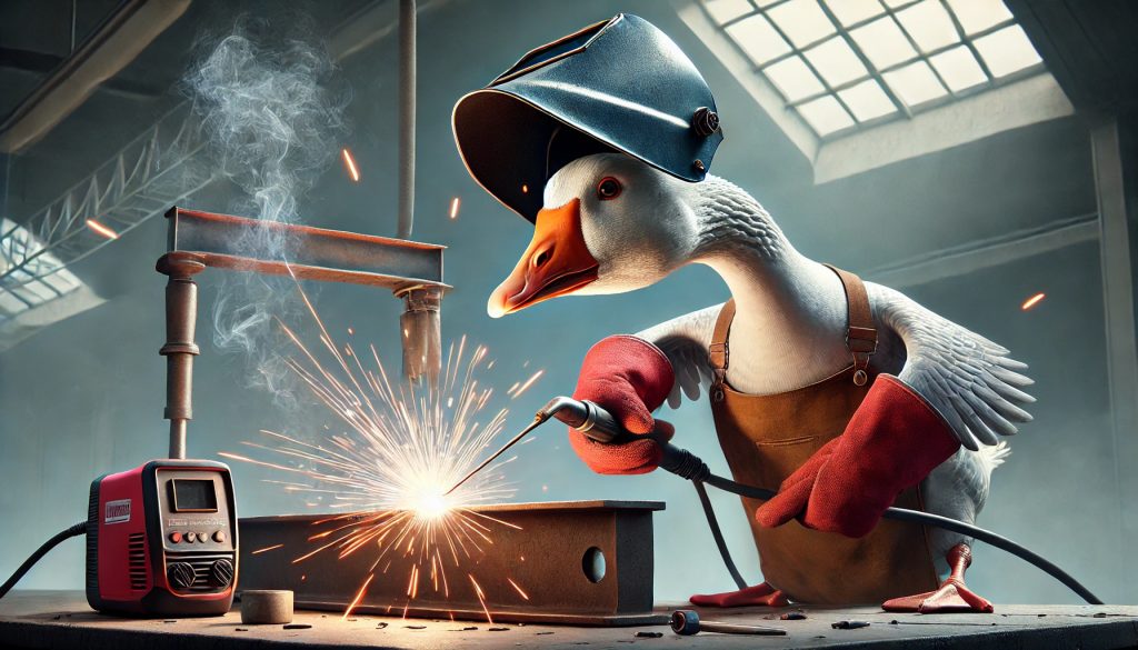 A determined yet slightly chaotic goose dressed as a welder, wearing a welding helmet, gloves, and protective apron, using a welding torch to fuse metal beams with bright sparks flying in a humorous industrial workshop setting.