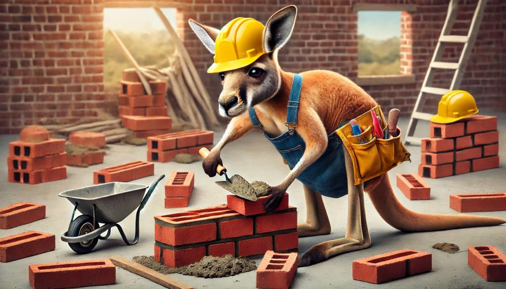 A focused kangaroo dressed as a bricklayer, wearing a hard hat and tool belt, carefully laying bricks with a trowel while hilariously tucking extra bricks into its pouch on a construction site.