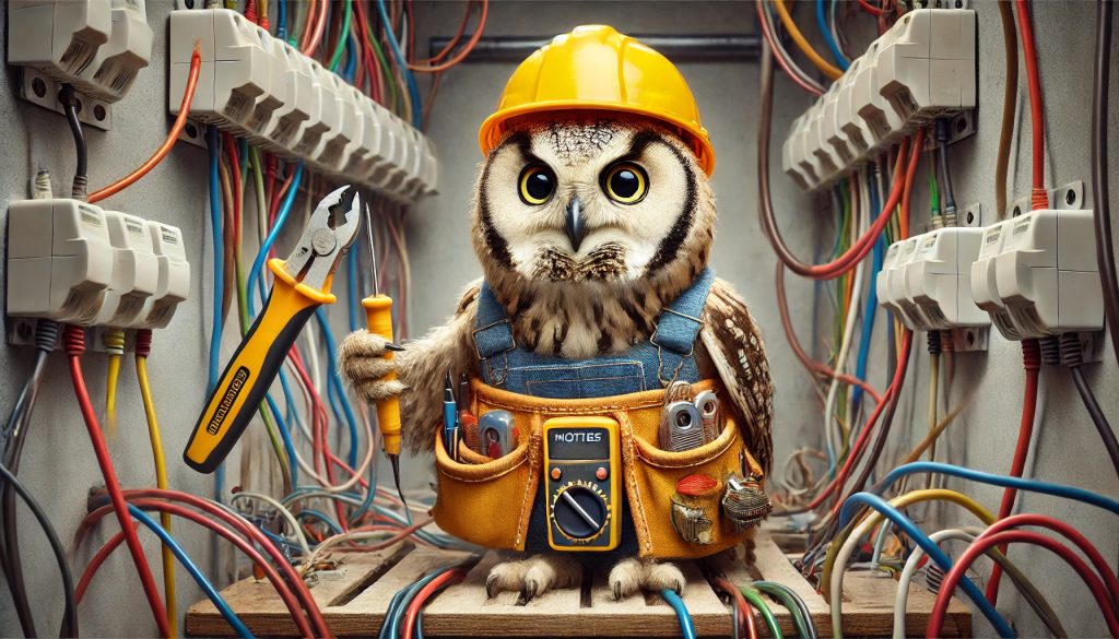 A wise yet slightly confused owl dressed as an electrician, wearing a tool belt and safety glasses, using a voltage tester while surrounded by tangled wires in a humorous electrical panel scene.