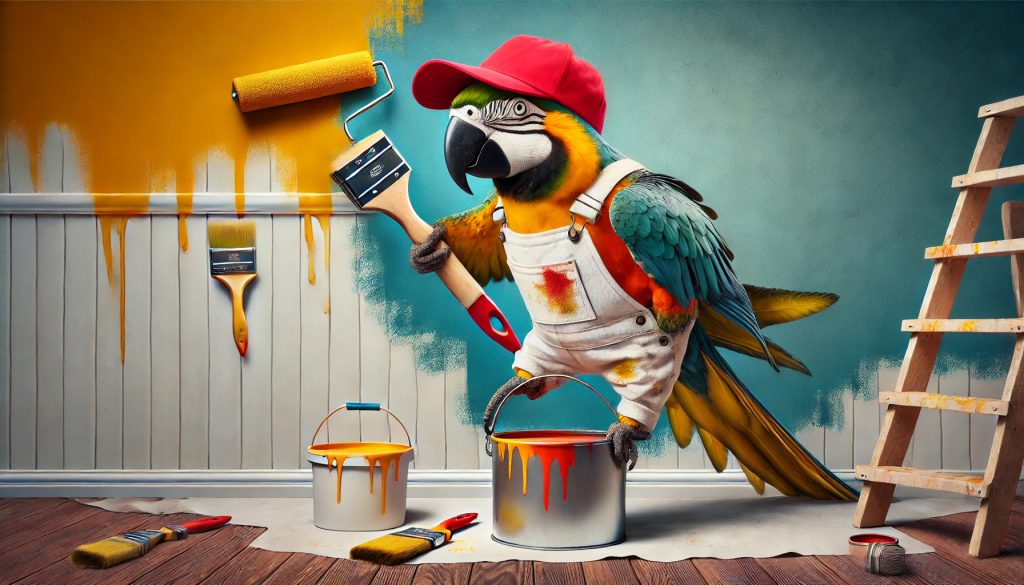 A confident parrot dressed as a painter, wearing a painter’s cap and overalls, holding a paintbrush in its beak while standing on a paint bucket and painting a wall with vibrant colors in a humorous home renovation scene.