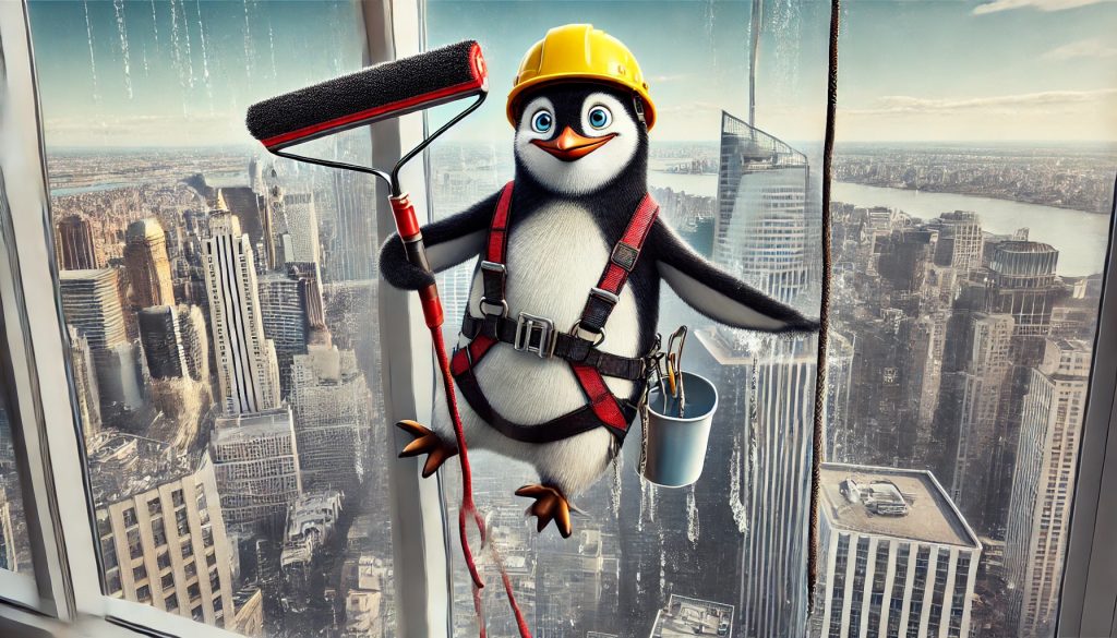 A determined yet slightly nervous penguin dressed as a window washer, wearing a safety harness and helmet, dangling from a rope while cleaning a skyscraper window high above the city.