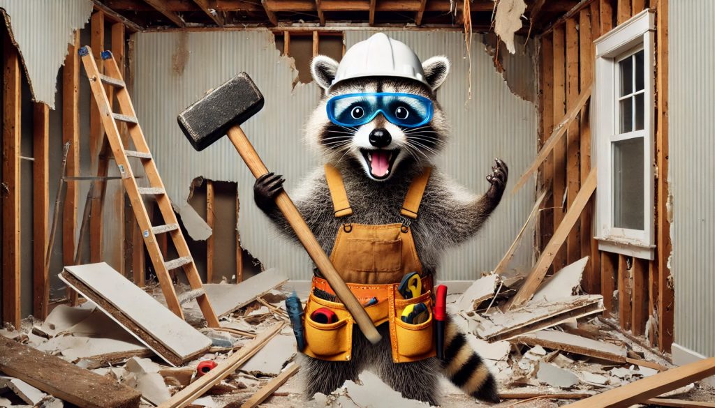 An excited raccoon dressed as a demolition expert, wearing a hard hat, safety goggles, and tool belt, holding a sledgehammer in a partially demolished room with broken drywall and debris.