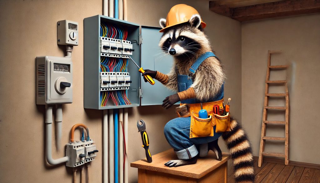 A determined raccoon dressed as an electrician, wearing a hard hat and tool belt, using a screwdriver to adjust wiring in a residential electrical panel for a humorous effect.