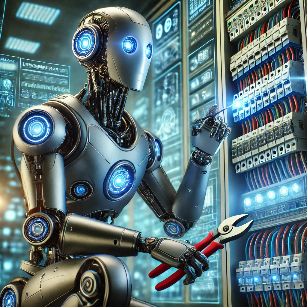 A high-tech robotic electrician with glowing blue eyes repairing an advanced electrical panel in a futuristic smart home, showcasing automation in electrical work.