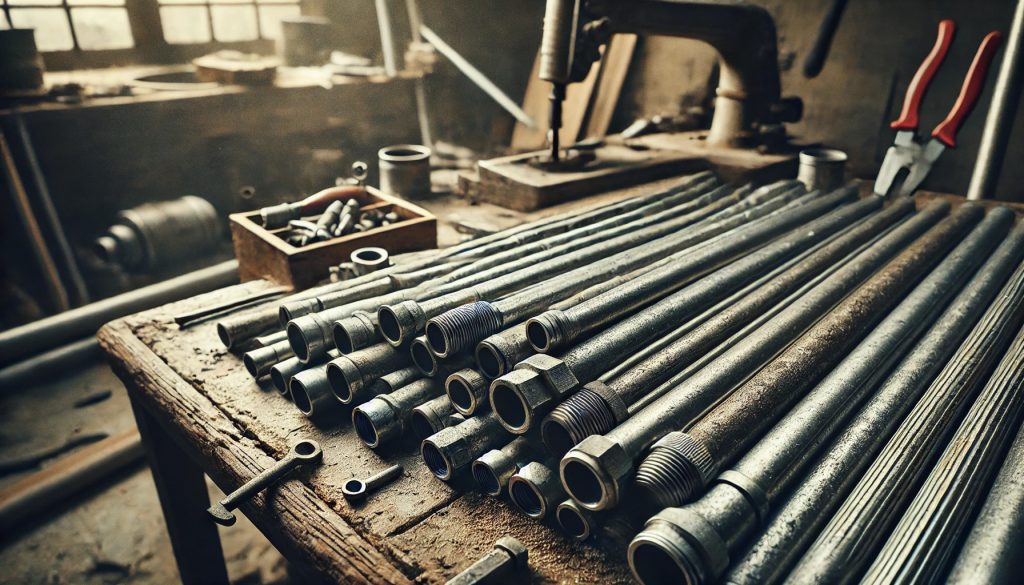 High-resolution gritty photograph of industrial metal pipes arranged on a rugged work surface with visible rust, dust, and scattered tools, capturing an authentic repair or construction setting.