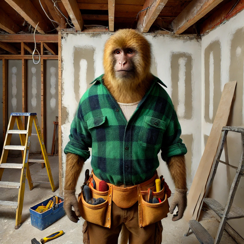 A monkey wearing a hard hat and tool belt standing on a construction site, pointing at blueprints with workers nearby.