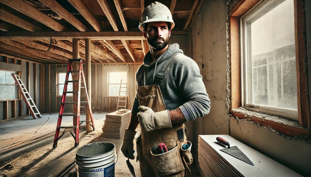 A realistic and gritty image of a hardworking drywall installer wearing a dust-covered hard hat and work gloves, standing in front of an unfinished wall at a construction site. His face shows dirt and sweat, reflecting the tough labor of drywall installation. He holds a trowel and a drywall knife, ready to work. The background includes exposed studs, ladders, joint compound buckets, and drywall sheets, capturing an authentic job site setting.