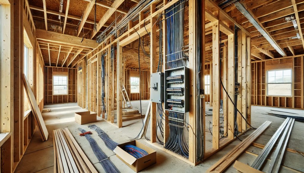 High-resolution photograph of an unfinished home under construction, featuring exposed electrical wiring, wooden framing, and scattered building materials in a well-lit, sharp, and detailed setting.