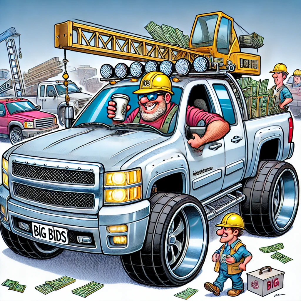 A cartoon of a hardworking contractor celebrating his success by purchasing a flashy, high-end truck, symbolizing his achievements and wealth from years of dedication.