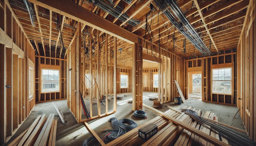 High-resolution photograph of an unfinished home under construction, featuring exposed electrical wiring, wooden framing, and scattered building materials in a well-lit, sharp, and detailed setting.