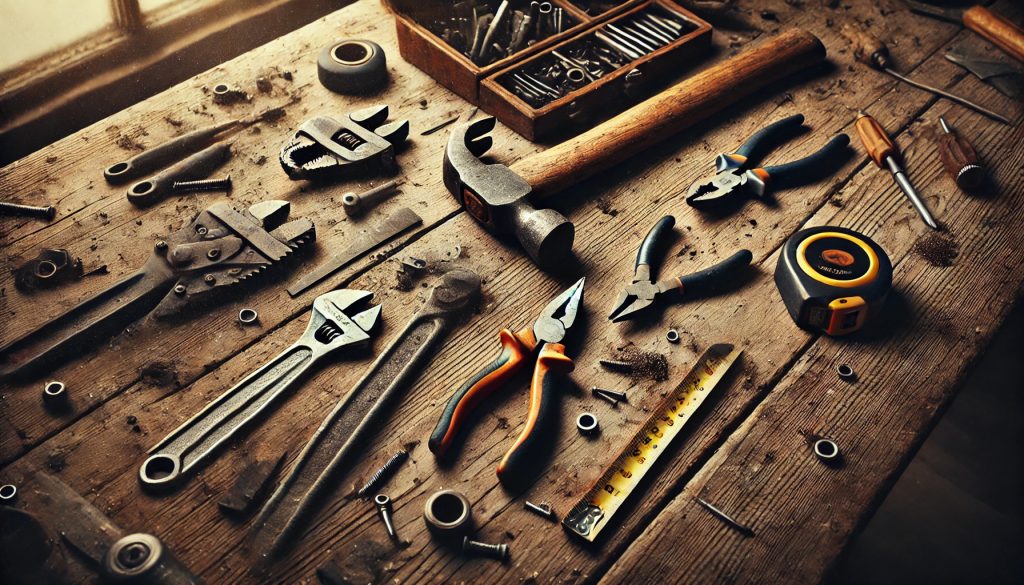 Zoomed-out high-resolution image of a workbench covered with everyday tools, including a hammer, pliers, wrench, screwdriver, and measuring tape, scattered across a rugged wooden surface with dust and scratches.