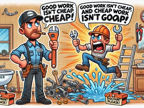 funny take on a plumber shutting down a discount request while a DIY disaster unfolds in the background