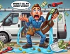 Cartoon of a shocked plumber holding an empty wallet as money leaks from a broken pipe like water. A messy work van with scattered invoices and tools in the background symbolizes financial leaks in a plumbing business.