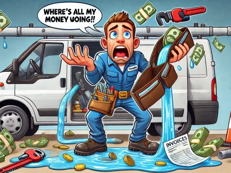 Cartoon of a shocked plumber holding an empty wallet as money leaks from a broken pipe like water. A messy work van with scattered invoices and tools in the background symbolizes financial leaks in a plumbing business.