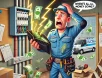 Cartoon of a frustrated electrician holding an empty wallet as money sparks out of a faulty electrical panel. A messy work van with scattered invoices and tools in the background symbolizes financial leaks in an electrical business.