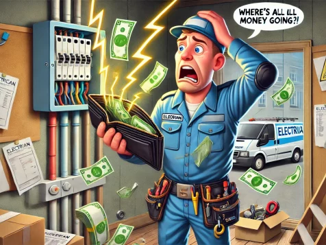 Cartoon of a frustrated electrician holding an empty wallet as money sparks out of a faulty electrical panel. A messy work van with scattered invoices and tools in the background symbolizes financial leaks in an electrical business.