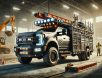 High-resolution photograph of a construction work truck parked at a job site, equipped with tools, ladders, and materials in its bed, with bright lighting highlighting its rugged details against a dynamic construction site background.