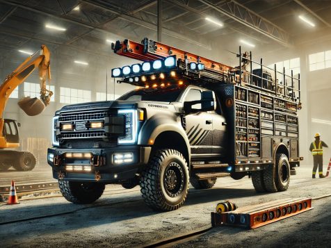 High-resolution photograph of a construction work truck parked at a job site, equipped with tools, ladders, and materials in its bed, with bright lighting highlighting its rugged details against a dynamic construction site background.