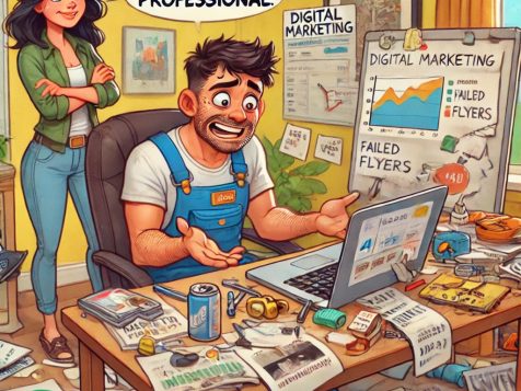 A cartoon of a frustrated contractor sitting at his desk, struggling with marketing. His wife stands behind him, arms crossed, saying 'Maybe you should call a professional' as he looks overwhelmed by digital ads and business cards.