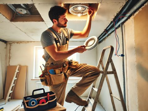 A skilled electrician installing recessed lighting in a residential home, standing on a ladder with tools and exposed wiring, demonstrating precision and expertise in electrical installations.